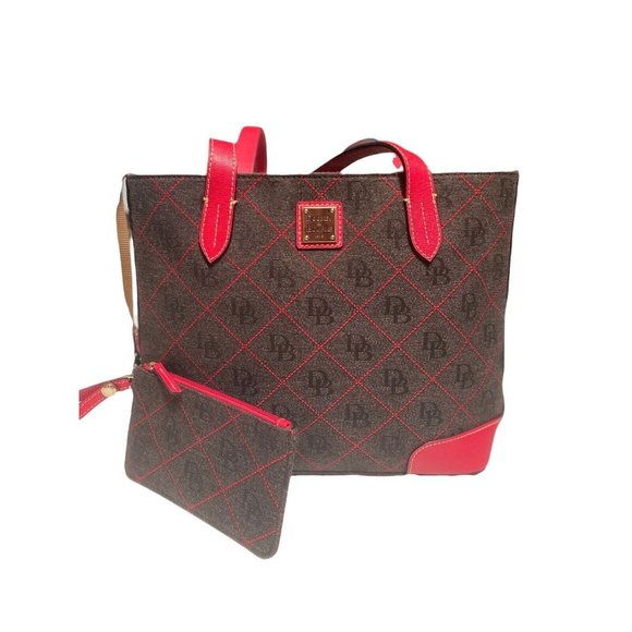 Dooney & Bourke Handbags - Vintage Dooney and Bourke Shoulder  Bag & Wristlet Signature Red & Grey Monogram